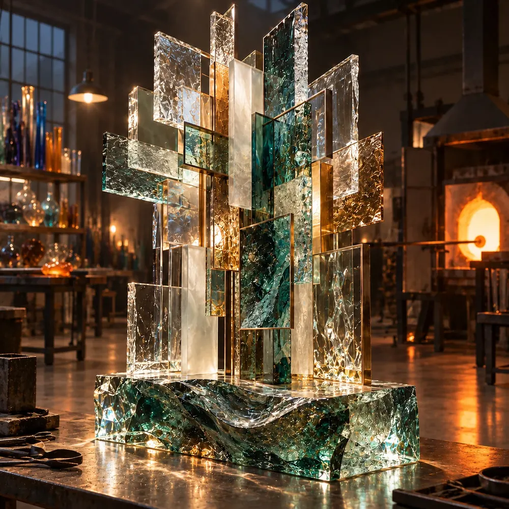 Transparente Glasskulptur aus geometrischen Flächen in einer Glaswerkstatt.
