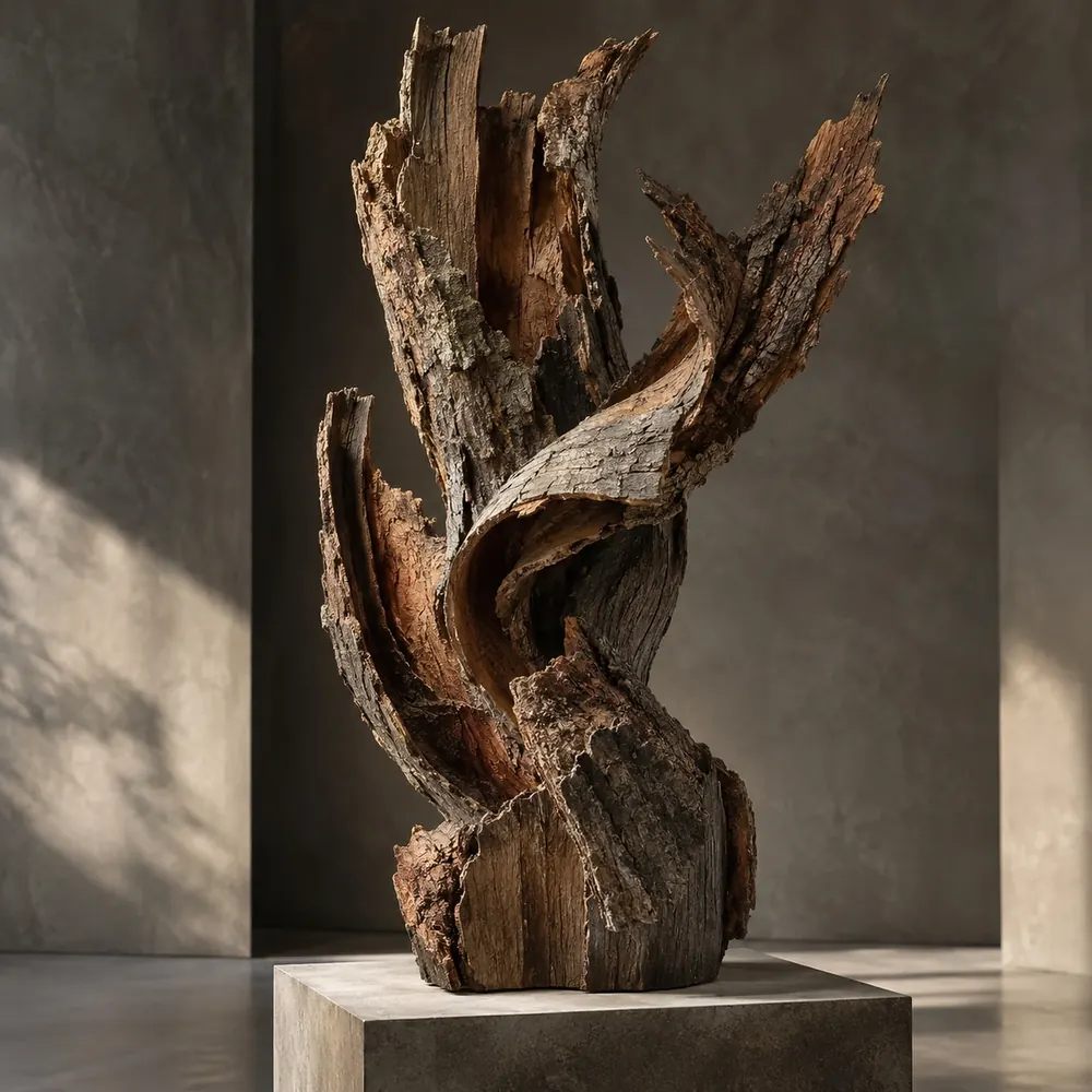Monumentale Skulptur aus gebrochenem, verwittertem Holz wächst dynamisch nach oben.