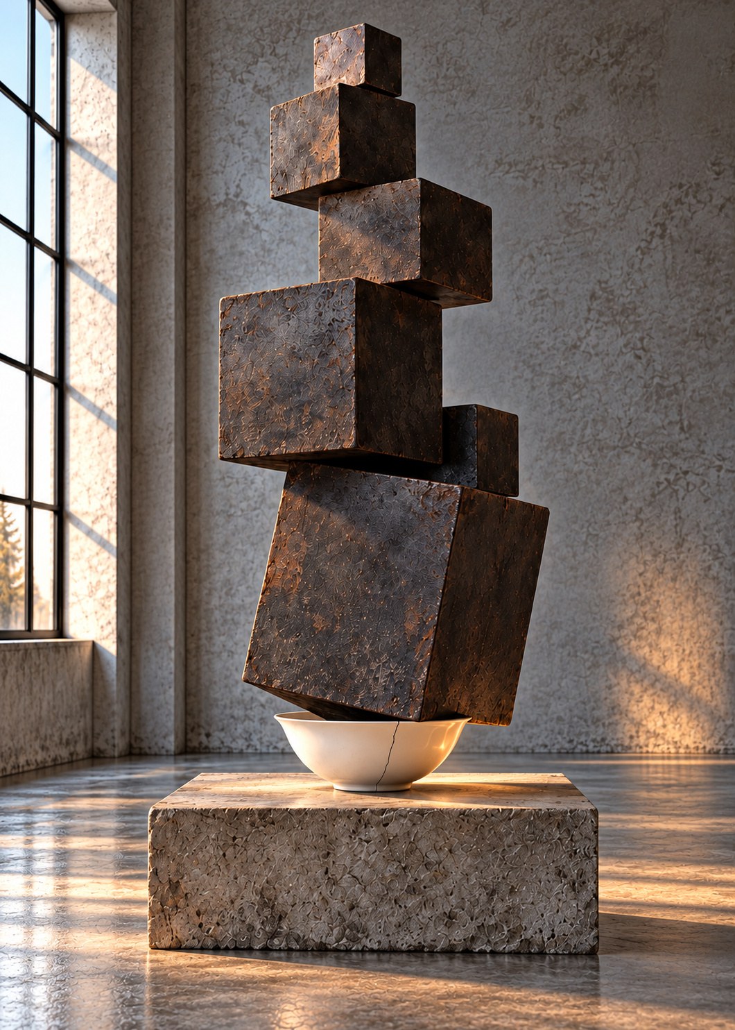Ein monumentaler Turm aus dunklen Eisenwürfeln ruht auf einer kleinen hellen Schale mit einem Riss.