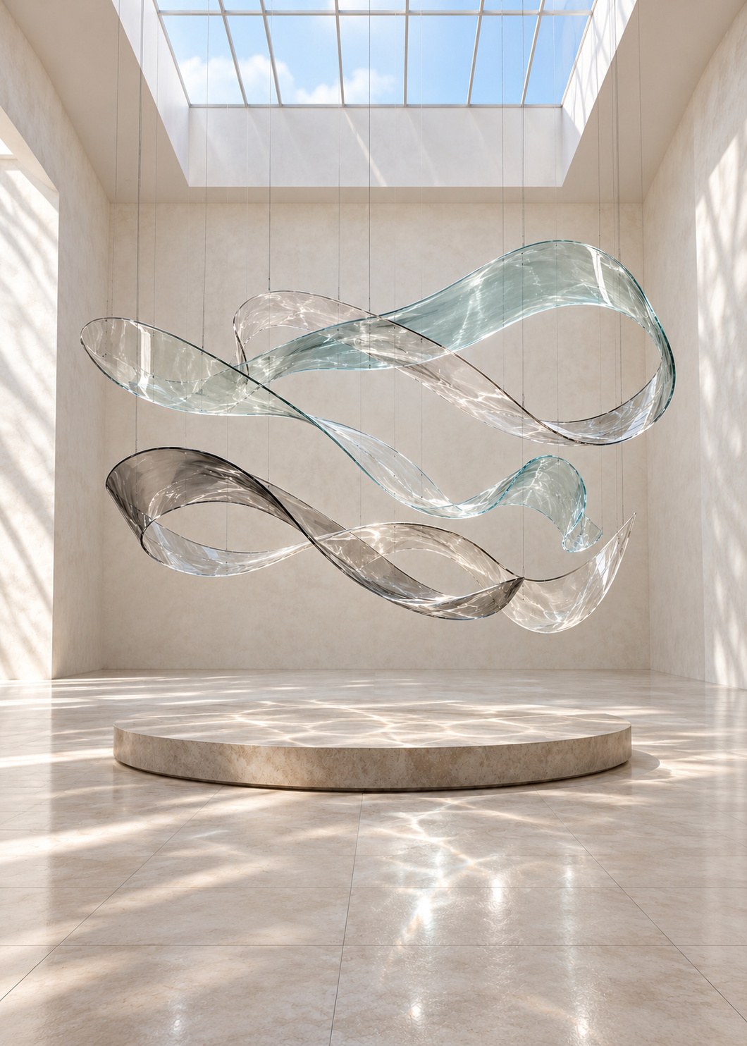 Transparente Glasbänder schweben über einem runden Steinsockel in einer hellen Halle.