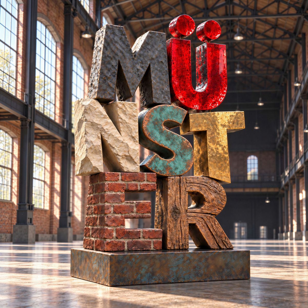 Die Buchstaben MÜNSTER stehen als Skulptur aus unterschiedlichen Materialien in einer Werkhalle.