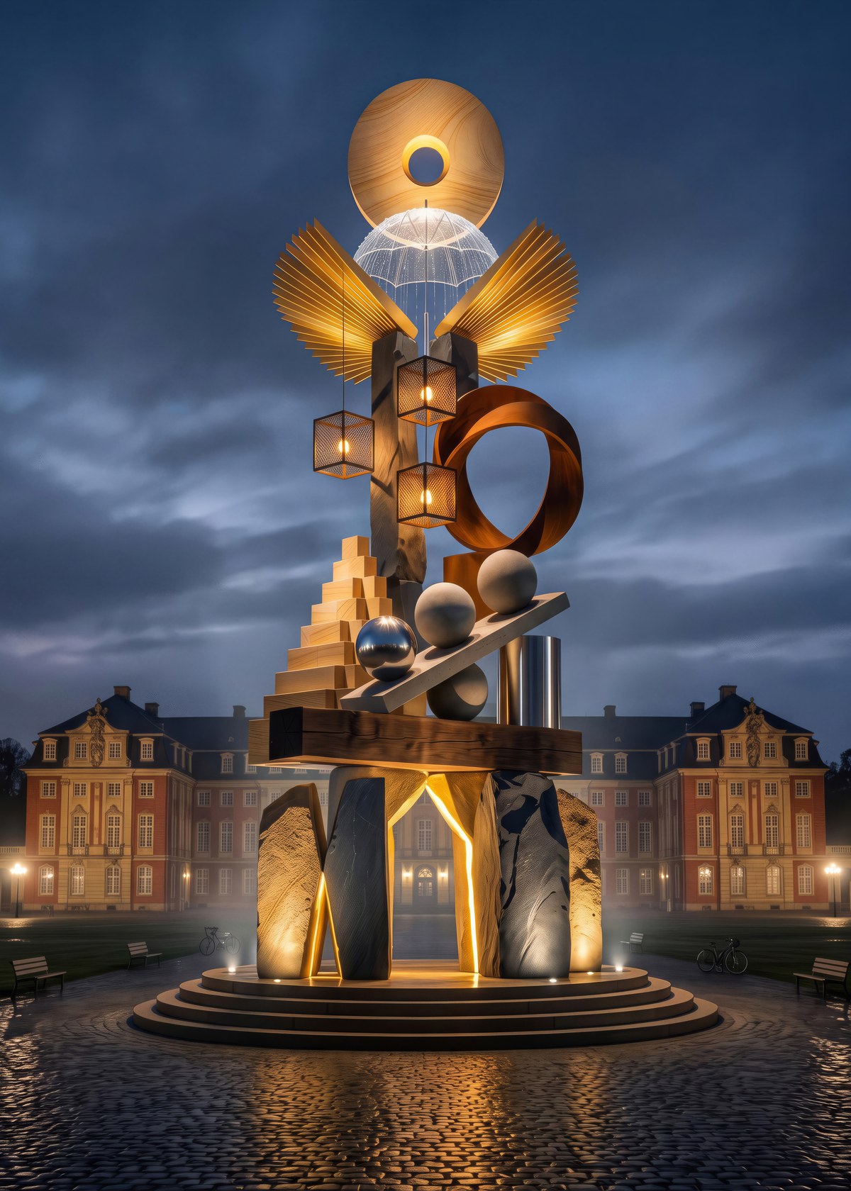 Eine beleuchtete Skulptur aus geometrischen Formen steht vor dem Münsteraner Schloss in der Dämmerung.