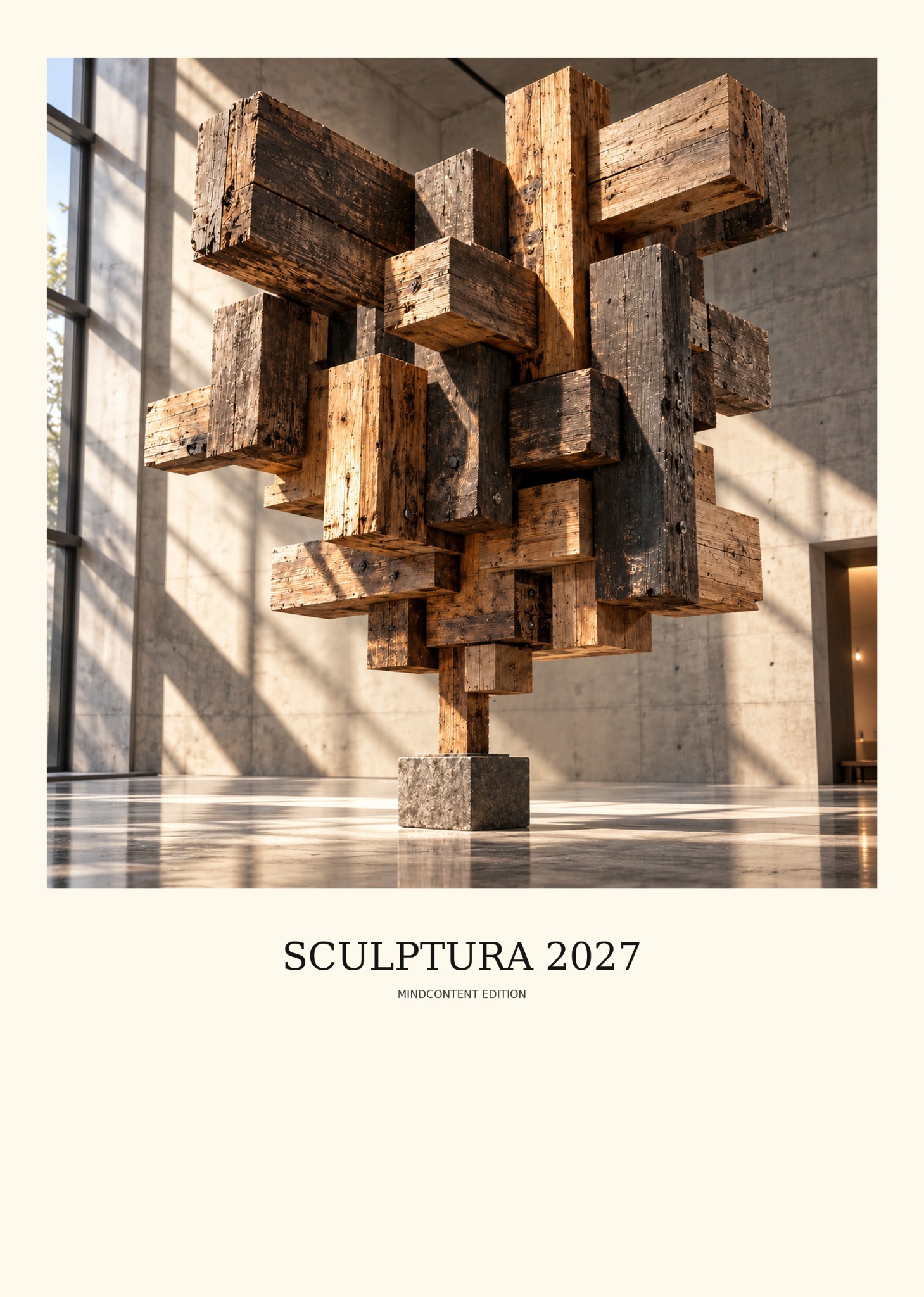Deckblatt des Kalenders SCULPTURA 2027 von MindContent Edition mit einer monumentalen Skulptur aus rauen Holzbalken.