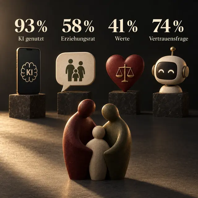 Eine Familie steht zwischen Symbolen für künstliche Intelligenz, Erziehungsrat, Werte und Vertrauen.